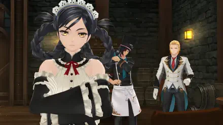 4K Ultra HD PC desktop wallpaper from the video game Tales of Berseria: a maid-like woman with braided pigtails in the foreground, two men conversing behind her in a dim tavern.