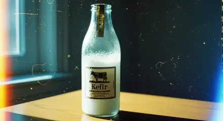 4K Ultra HD PC desktop wallpaper: a glass bottle of kefir on a sunlit wooden table by a window, soft bokeh and film grain.