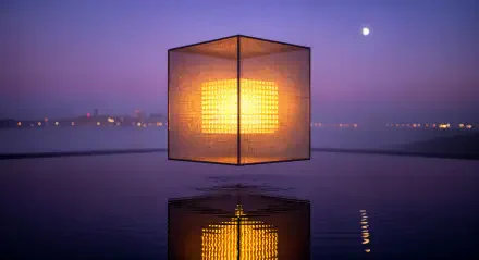 4K Ultra HD PC desktop wallpaper and background: glowing golden cube suspended above a mirror-like water surface at twilight, purple sky with moon and distant city lights.