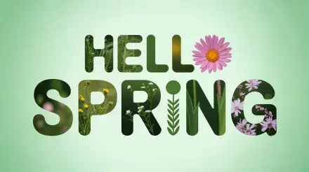 4K Ultra HD PC desktop wallpaper reading HELLO SPRING with letters filled with flowers, leaves and green textures on a soft mint gradient background.