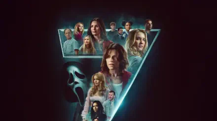 Triangular neon-teal collage of Scream 7 characters surrounding a Ghostface mask silhouette on a black background — 2K Quad HD PC desktop wallpaper/background.