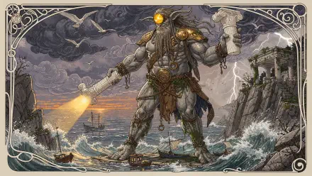 4K Ultra HD PC desktop wallpaper and background: a towering cyclops with a glowing eye and trident wades through stormy seas toward crumbling coastal ruins as ships flee.