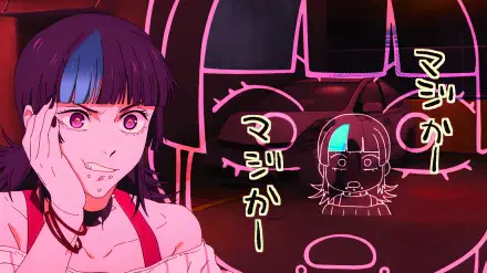 4K Ultra HD PC desktop wallpaper of Kirara Hoshi from Jujutsu Kaisen 3rd Season: pink-hued anime girl with two-tone bangs, playful grin and neon doodle faces in the background.