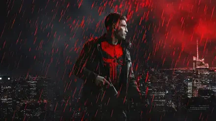 Punisher in rain, red skull emblem glowing on his chest against a dark city skyline — 2K Quad HD PC desktop wallpaper/background.