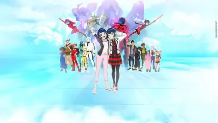 Miraculous: Stellar Force ensemble with two lead characters walking toward the viewer across a luminous sky and tiled floor; vibrant 4K Ultra HD PC desktop wallpaper and background.