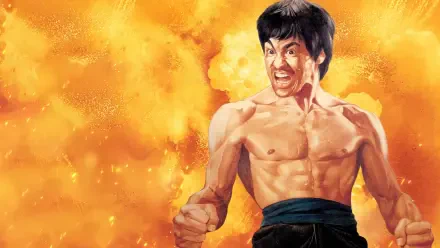 2K Quad HD desktop wallpaper titled Bruce Lee: Quest of the Dragon — shirtless martial artist with clenched fists and fierce expression, black pants against a fiery orange explosion background.