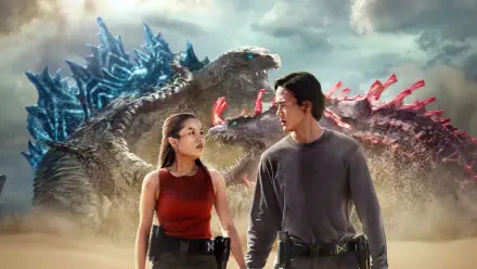 Monarch: Legacy of Monsters 4K Ultra HD PC desktop wallpaper: two agents stand before towering kaiju with glowing dorsal fins under a stormy sky.