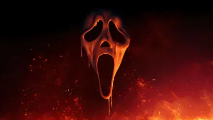 Scream 7 Ghostface mask melting over fiery embers, dramatic 8K Ultra HD PC desktop wallpaper and background.
