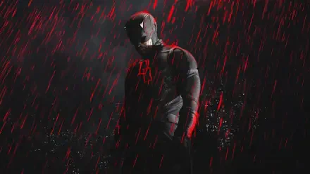 Daredevil: Born Again — 4K Ultra HD PC desktop wallpaper of a dark red-suited Daredevil, head bowed in red-lit rain with a shadowy city backdrop.