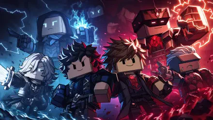 Roblox roleplay 2K Quad HD PC desktop wallpaper: blocky heroes and villains clash in blue vs red energy, wearing cyberpunk outfits and wielding glowing weapons.