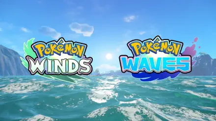 HD desktop wallpaper showing Pokémon Winds and Pokémon Waves logos floating over a sunlit sea horizon — promotional background art for Nintendo Switch 2.