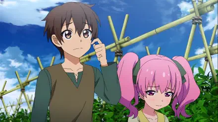 Anime 2K wallpaper from I Somehow Got Strong By Raising Skills Related to Farming — brown‑haired boy and pink twin‑tailed girl amid farm scaffolding and green crops under a blue sky.