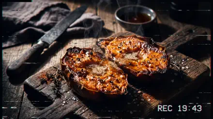 Roasted sweet potato halves with melted butter and seasoning on a rustic cutting board, knife and sauce in moody light — 5K Ultra HD PC desktop wallpaper and background.
