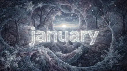 Frosted winter forest forming a heart around a glowing moon with icy 'january' text overlay — 4K Ultra HD PC desktop wallpaper background.