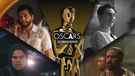 HD PC desktop wallpaper: gold Oscar statuette centered with Oscars ScreenRant text, surrounded by dramatic film character portraits in a cinematic Academy Awards collage.
