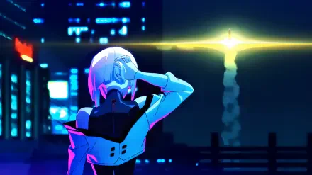 Cyberpunk: Edgerunners' Lucy on a neon rooftop, watching a rocket launch over the city skyline — 4K Ultra HD anime girl PC desktop wallpaper.