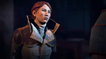 HD PC desktop wallpaper of a stern female character from the video game GreedFall: The Dying World, wearing an ornate period coat in dim, moody lighting.