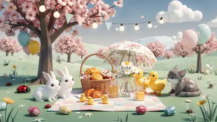 Cute spring 4K Ultra HD PC desktop wallpaper: pastel picnic with bunnies, ducklings and kitten beneath cherry blossoms, basket, parasol, balloons and string lights