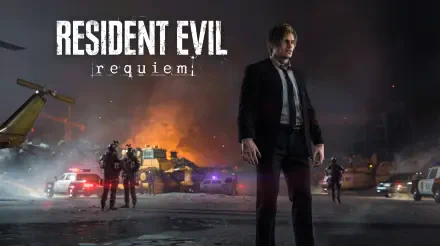 Leon S. Kennedy from Capcom's Resident Evil: Requiem stands amid burning wreckage and police lights in a tense horror scene — 5K Ultra HD PC desktop wallpaper.