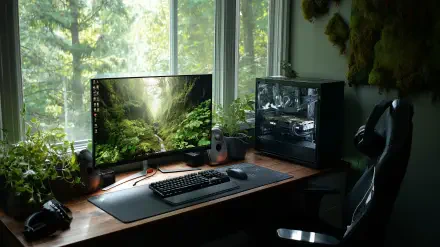 Gaming setup on a computer desk in a biophilic home office — a 2K Quad HD PC displays a lush nature-inspired wallpaper, surrounded by potted plants and a glass-sided PC.