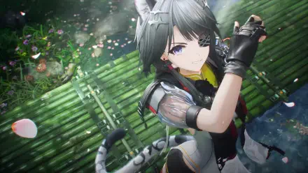 Tangtang from video game Arknights: Endfield in a dynamic pose amid falling cherry petals over bamboo, 2K Quad HD PC desktop wallpaper/background.