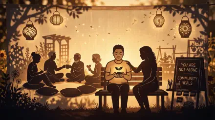 Mental health 5K Ultra HD PC desktop wallpaper: warm dusk support circle; central figure holds a glowing sapling, chalkboard reads You are not alone — community heals.