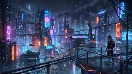 Cyberpunk neon cityscape at night with rain-slick streets and a lone hooded figure on a balcony — 5K Ultra HD PC Desktop Wallpaper and Background.