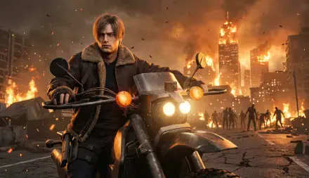 Leon S. Kennedy from Resident Evil Requiem on a motorcycle amid a burning, zombie-filled city — horror Capcom video game 2K Quad HD PC desktop wallpaper.