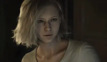 Grace Ashcroft from Resident Evil Requiem (Capcom): close-up of a pale, short‑blond woman in moody horror lighting — 4K Ultra HD PC desktop wallpaper.