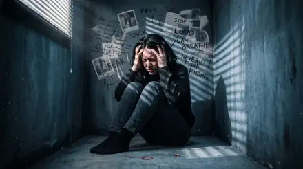 5K Ultra HD PC desktop wallpaper: a person curled in a shadowed corner, hands on their head, pinned notes and scrawled words on the walls conveying anxiety.