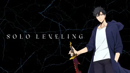 Solo Leveling 4K Ultra HD PC desktop wallpaper: protagonist Sung Jinwoo in a hoodie and white tee, holding a crimson blade against a cracked black background with SOLO LEVELING text.