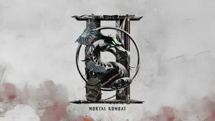 Mortal Kombat 2 (2026) 8K Ultra HD PC desktop wallpaper: weathered dragon emblem entwined with a spiked mask and blade over a gritty gray background with faint red smoke.