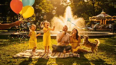 Joy: family picnic in golden light — parents, two children and a dog laugh by a fountain with balloons and bubbles. 4K Ultra HD PC desktop wallpaper background.
