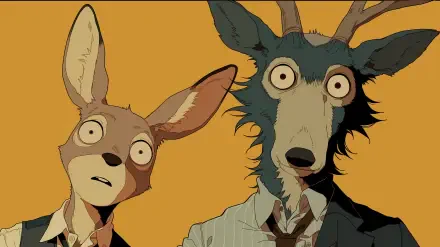 Orange-toned anime Beastars 2K Quad HD PC desktop wallpaper: Louis (Beastars) deer and Legoshi (Beastars) wolf, wide-eyed and stunned, framed against a solid orange background.