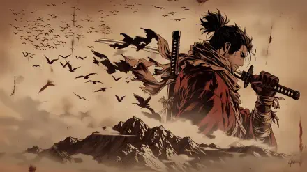 Woodblock-print style 2K Quad HD desktop wallpaper: Sekiro from the video game Sekiro: Shadows Die Twice, lone shinobi with katana overlooking misty mountains as crows swirl.