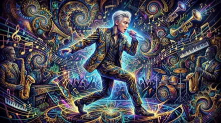 5K Ultra HD PC desktop wallpaper tagged T.O.P.: stylized singer in an ornate suit mid-performance, surrounded by swirling musical notes, instruments, and vivid neon fractal patterns.