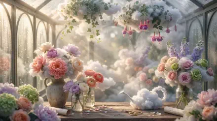 Floral 5K Ultra HD PC desktop wallpaper and background: dreamy greenhouse with vases of pastel roses and peonies, hanging fuchsias, soft sunlight and cloud-like mist outside the window.