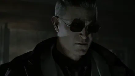 HD PC desktop wallpaper of Albert Wesker from the Resident Evil Requiem video game: brooding close-up, sunglasses, dark coat and shadowed lighting.