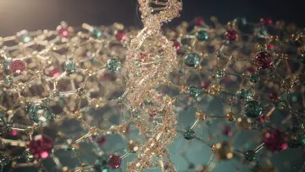 4K Ultra HD PC desktop wallpaper of a shimmering molecular pattern: a central twisted DNA-like helix amid a lattice of gold connectors and colored gem-like nodes.