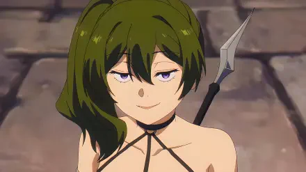 Ubel from Frieren: Beyond Journey's End — green‑haired anime girl smirking, holding a spear against a cobblestone backdrop; 4K Ultra HD fantasy PC desktop wallpaper.