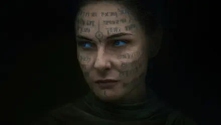 Dune: Part Three 4K Ultra HD PC desktop wallpaper — close-up of a hooded woman's face with glowing blue eyes and script-like markings across her skin in deep shadow.