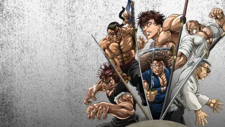 Baki Hanma HD PC desktop wallpaper: Baki and rival fighters burst forward from a textured concrete background in dynamic action.