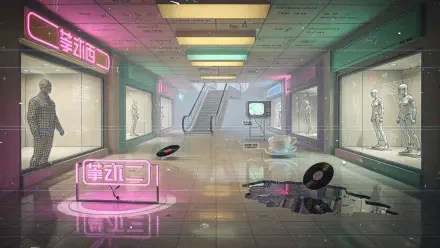 4K Ultra HD PC desktop wallpaper and background: neon-lit futuristic mall corridor with display windows, robotic mannequins, floating vinyl records and a central escalator.