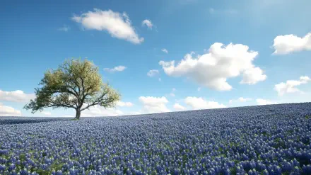 HD PC desktop wallpaper and background showing a spring flower field of Texas bluebonnets stretching to the horizon under a bright sky with fluffy clouds and a lone tree.
