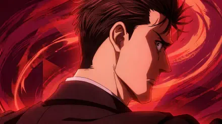 Hiromi Higuruma from Jujutsu Kaisen 3rd Season — sharp side profile with an intense glare against swirling red energy; 5K Ultra HD anime PC desktop wallpaper