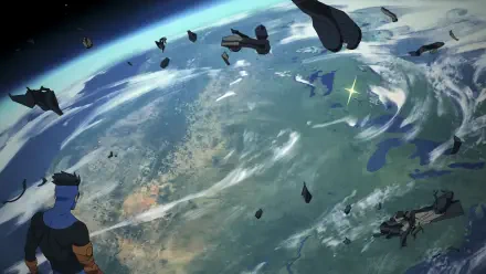 4K Ultra HD PC desktop wallpaper: Invincible's Mark Grayson drifting above Earth amid floating debris, cinematic TV show artwork.