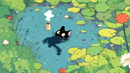 Black cat peeks from a lily-strewn pond beside a steaming coffee cup, chill lofi atmosphere — 4K Ultra HD PC desktop wallpaper and background.