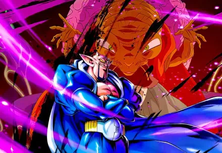 HD Dragon Ball Z desktop wallpaper: villain Dabura stands arms crossed in a blue cape, glaring as sorcerer Babidi looms behind him amid glowing purple energy.