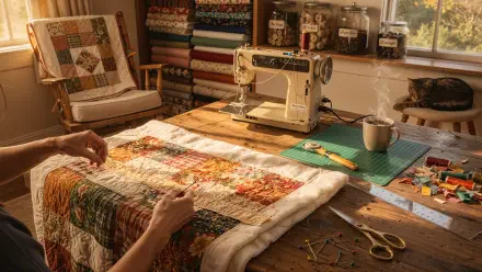 Quilting scene: hands smoothing a patchwork quilt on a wooden table next to a vintage sewing machine, fabric stacks, tools and a mug — 4K Ultra HD PC desktop wallpaper and background.