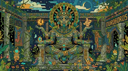 5K Ultra HD PC desktop wallpaper and background: vibrant overgrown temple with a seated ornate Forgotten God statue, glowing glyphs, small creatures and lush plants under a starry night sky.